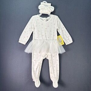 NWT ItsyBig White Floral Tulle Skirt Snap Closures Footed‎ Onepiece Outfit 9M